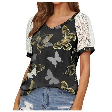 CLZOUD T Shirts for Women Summer Black Women V Lace Short Sleeved Shirt V Neck T Shirt Casual Top Xxl