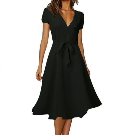 Casual Dress for Women Summer V Neck Solid Color Multicolor Strap Decoration Elegant Dresses