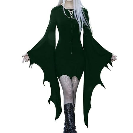 CLZOUD Casual Dress for Women Army Green Polyester Spandex Gothic Dress for Women Plus Size Cold Shoulder Butterfly Sleeve Mesh Lace Vintage Dress for
