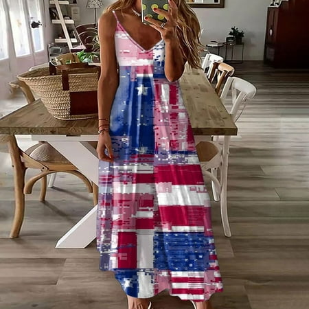 Perfect Summer Gift HIMIWAY Maxi Cheap MIDI Wedding Guest Plus Size Women 6331 Summer Loose Casual Large Size Patriot V-Neck Sleeveless Dress Wine S