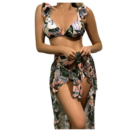 GWAABD Womens High Waisted Swimsuits Women S Ruffled High Lace-up Printed Waist Three-Piece Swimsuit Swimwears Tankinis Set