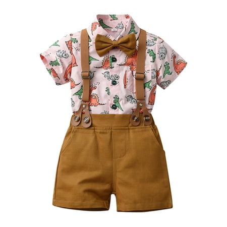 Caveitl 3-6 Months Boys Short Sleeve Top&Pants Suit Outfit for Baby Toldders Print Cardigan  Strap Shorts  Photography Performance Set Short Sleeve La