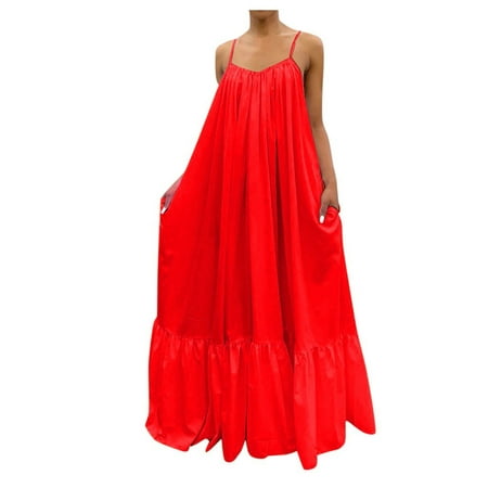 Casual Dress for Women Summer Solid Fashion Loose Backless Swing Strap Pocket Big Dresses