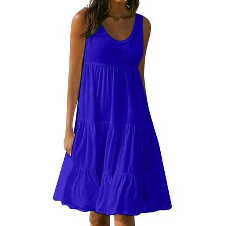 Casual Dress for Women Summer Long High Waist Tied Solid Color Round Neck Dresses
