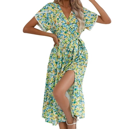 Casual Dress for Women Summer 2023 Floral V Neck Short Sleeve Belted Ruffle Hem a Line Bohemian Maxi Dresses
