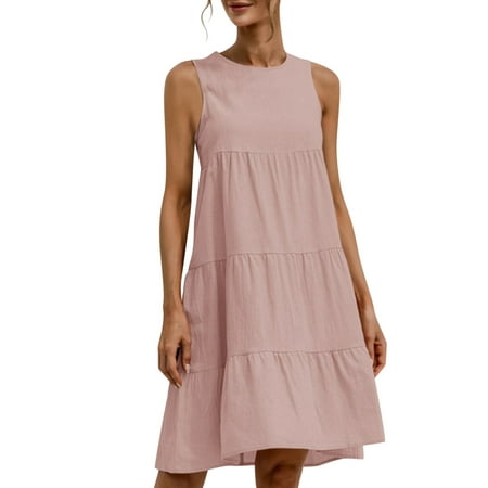Casual Dress for Women Summer Solid Sleeveless Sun Round Neck a Line Pleated Mini Short T Shirt Dresses