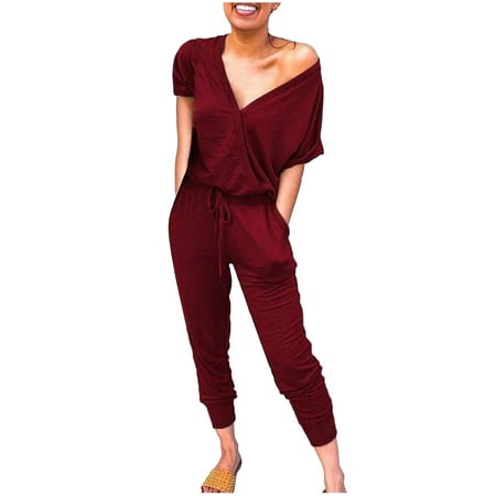 GWAABD Sleeveless Jumpsuits Drawstring Sleeve Pockets Waist Romper Women S V Wrap Jumpsuit Short Neck Women S Jumpsuit