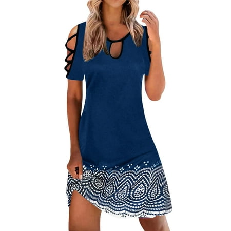 Casual Dress for Women Summer Printed Short Sleeves Elegant Hollow O-Neck Vintage Fashion Dresses