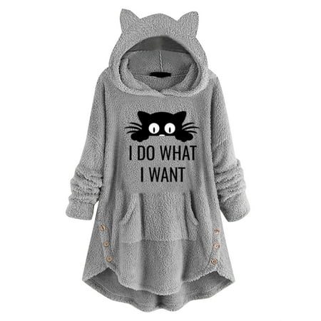 CLZOUD Women Hoodie Long Sleeve Cute Cat Printed Pullover Coral Velvet Top with Pockets Grey S