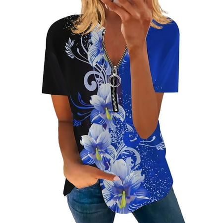 CLZOUD Blouse Tops for Women Women S Floral Printed Zipper Short Sleeved Cotton Imitation T Shirt Top Xl
