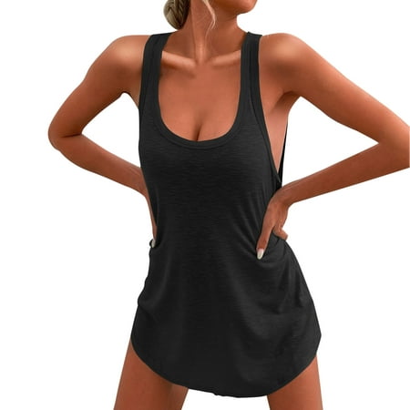 Casual Dress for Women Plus Size Summer Tank Solid Color Mini U Neck Cotton Irregular Hem Off Shoulder Beach Dresses