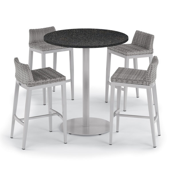 Oxford Garden Travira 5-piece 36-inch Lite-Core Round Bar Table & Argento Resin Wicker Side Rails Bar Stool Set