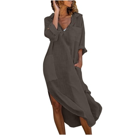 QUYUON Work Dresses Clearance Solid Long Sleeve Pockets Turn Down Collar Dresses Cocktail Dresses Women Lapel MIDI Maxi Dress Style D-17746 Brown L