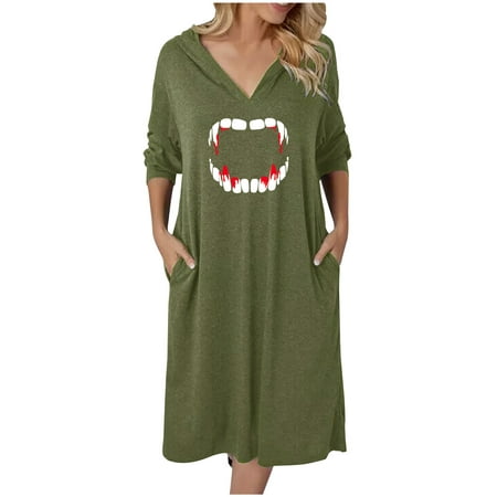 QUYUON Women S Dresses Clearance Hooded Long Sleeve V-Neck Dress Pocket Dress Maxi Dress Women MIDI Shirt Dress Style D-14838 Green L