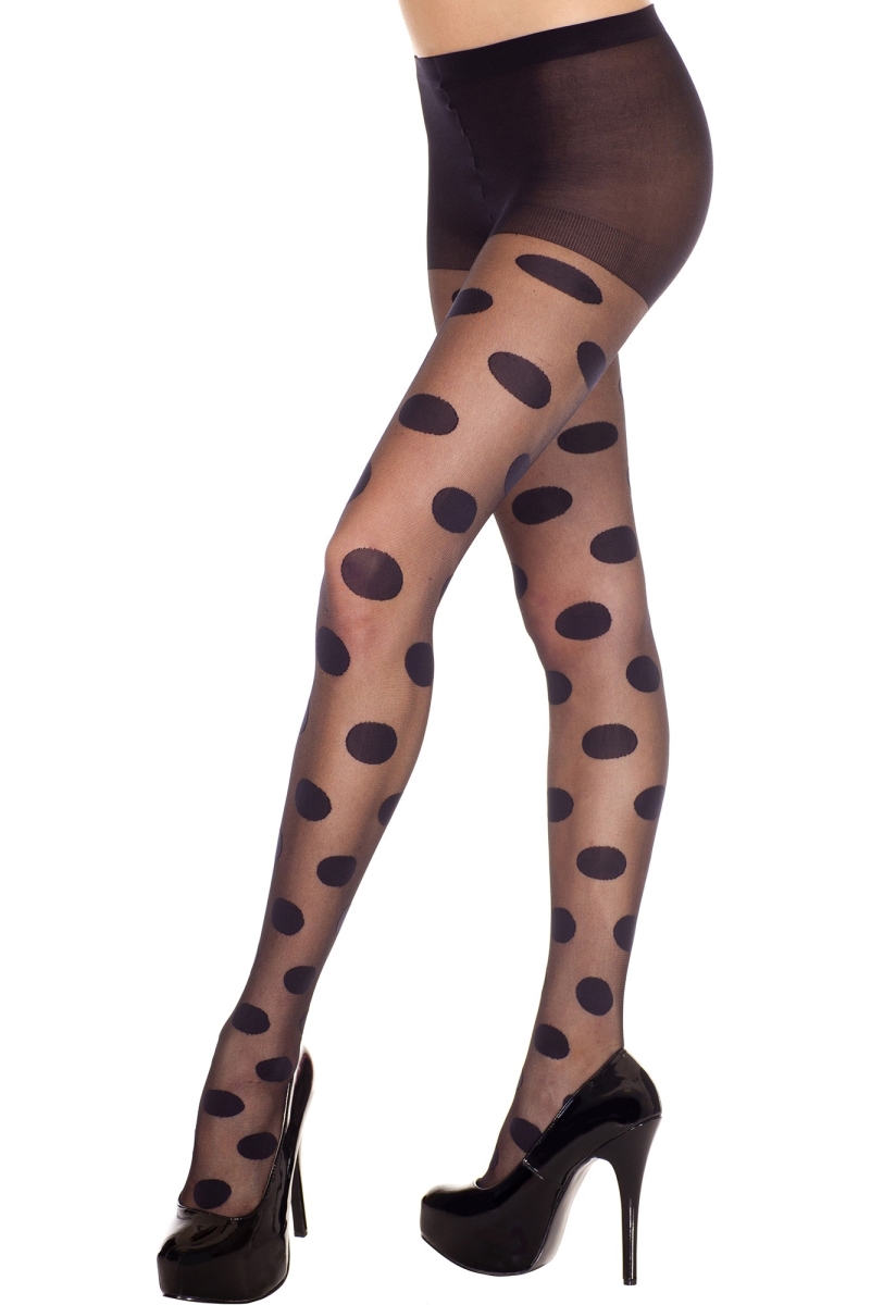 Music Legs 7287-BLACK Large Polka Dot Spandex Pantyhose, Black
