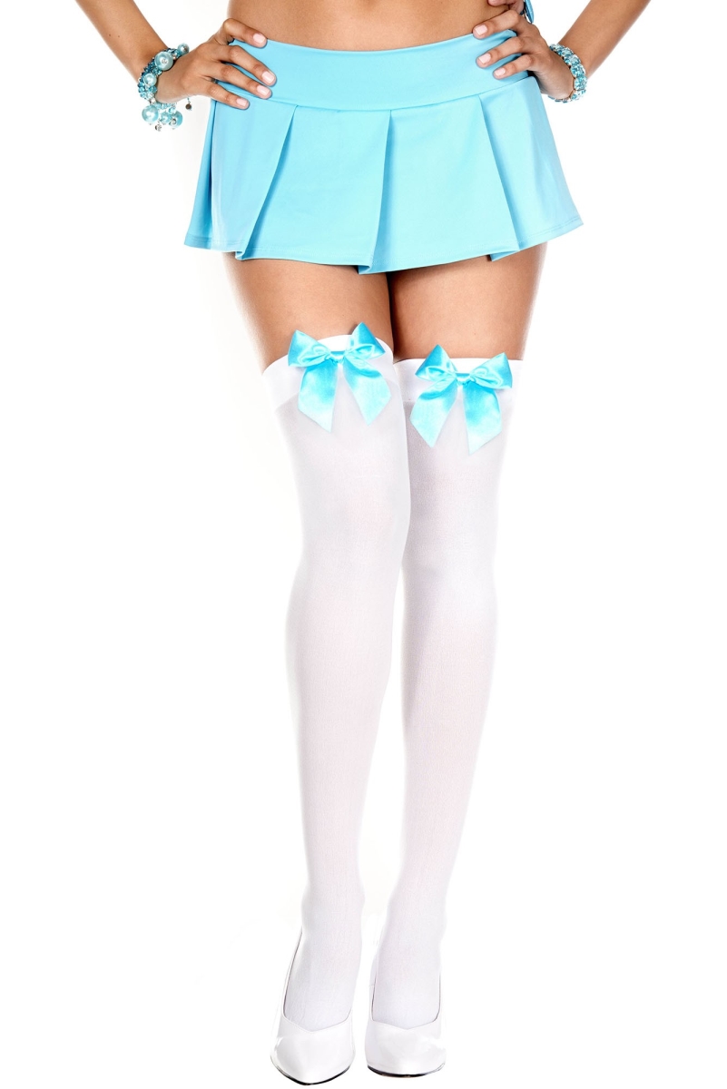Music Legs Women S Opaque Thigh Highs with Satin Bow 4742-WHITE/TURQUOISE