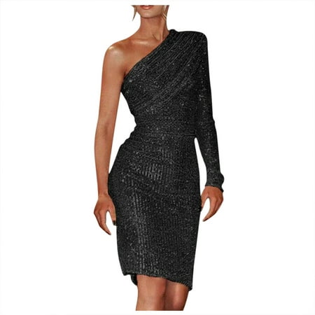 Casual Dress for Women Summer Long Shoulder One Sequin Ruched Shoulder Fashion Cold Sequin Solid Dresses