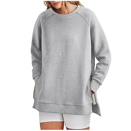 QUYUON Womens Long Sweatshirts for Leggings Winter Women Long Sleeve Tops Polyester Long Sleeve Crew Neck Solid Blouse Tops Style S-3439 Breathable Sw