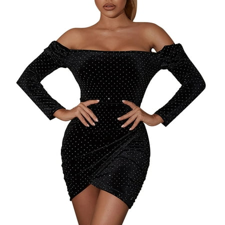GWAABD Dress Women S Temperament Velvet Hot Drill Off Collar Long Sleeve Dress Black Polka Dot Long Sleeve Short Skirt