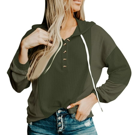 CLZOUD Womans Sweatshirts Long Sleeve Pullover Quarter Button Down Solid Color Hoodie Loose Fit V Neck Hooded Tops Army Green XL