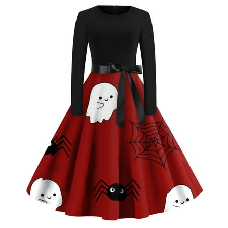 GDfun Women S Vintage Classic Dress Neck Waist Bow Tie Long Sleeves Print V Neck Swing Dress——homecoming Dresses/dresses for Women 2554