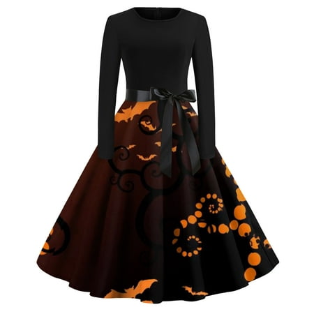 GDfun Women S Vintage Classic Dress Neck Waist Bow Tie Long Sleeves Print V Neck Swing Dress——homecoming Dresses/dresses for Women 2564