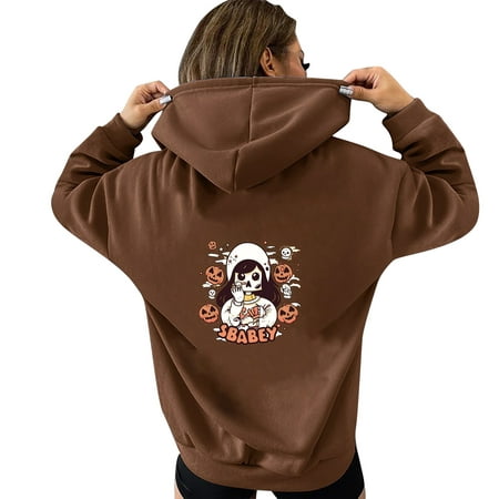 GWAABD Women S Fashion Hoodies Sweatshirts Pumpkin Print Pullover Casual Hooded Hoodie Long Sleeve Pocket Sweatshirt Brown L