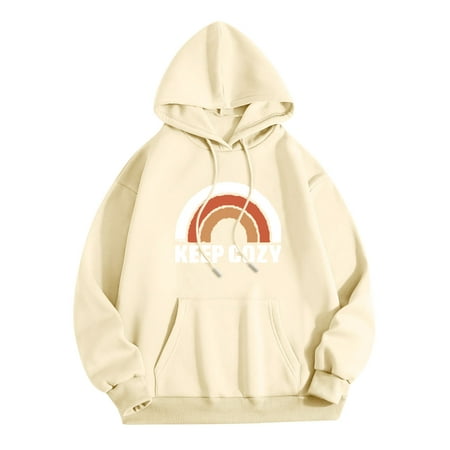 GWAABD Sweatshirt for Women Trendy Plain Letters Pullover Loose Fit Drawstring Hooded Sweatshirts Long Sleeves with Pocket Drop Shoulder Beige XL