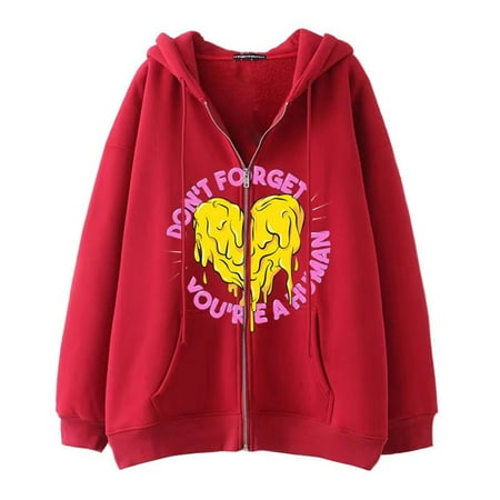 GWAABD Women S Sweatshirt Zip up Jacket Heart Print Long Sleeve Hoodie with Pocket Drawstring Hooded Tops Sweatshirt Red L