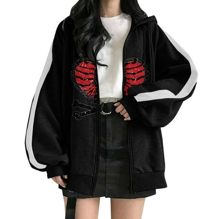 GWAABD Sweatshirt Women Skeleton Heart Print Coat Ladies Casual Drawstring Hooded Sweatshirts Zip up Jacket with Pockets Tops Black XXL
