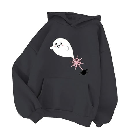 GWAABD Women Hoodie Ladies Loose Fit Pullover Front Pocket Casual Cute Ghost Print Hoodie Oversized Drop Shoulder Sweatshirts Tops Black L