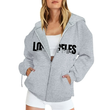 GWAABD Hooded Sweatshirt Zip up Letter Graphic Print Hoodie Long Sleeve Print Cardigan Outwear Fall Winter Sweatshirt Jacket with Pockets Grey L