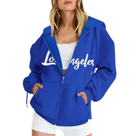 GWAABD Women Hoodie Zip up Letter Graphic Print Hoodie Long Sleeve Print Cardigan Outwear Fall Winter Sweatshirt Jacket with Pockets Blue S
