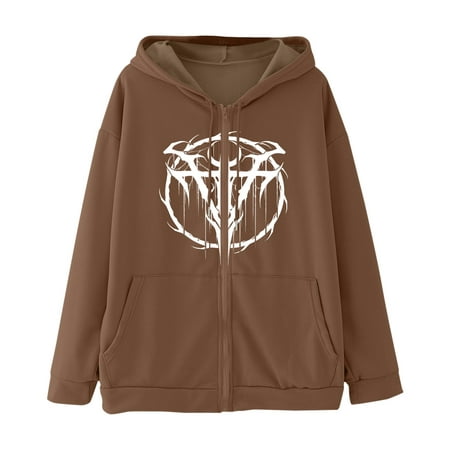 GWAABD Sweatshirt Women Print Zip up Hoodie Girls Oversized Sweatshirt Clothing Cute Autumn Casual Drawstring Hooded Jacket with Pockets Khaki L