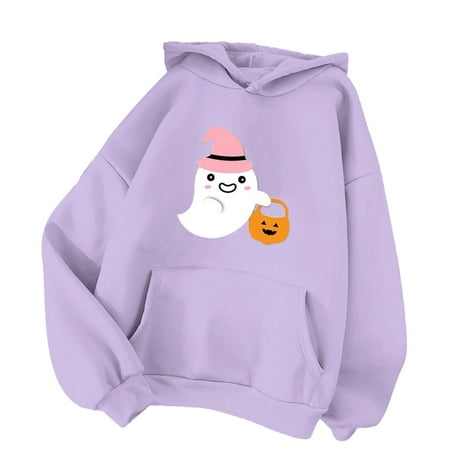 GWAABD Womens Sweatshirts Trendy Ladies Loose Fit Pullover Front Pocket Casual Cute Pumpkin Ghost Print Hoodie Oversized Drop Shoulder Sweatshirts Top