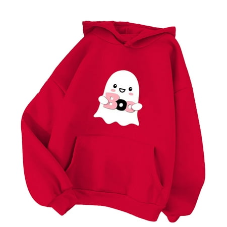 GWAABD Womans Hoodies Ladies Loose Fit Pullover with Pocket Casual Fashion Cute Ghost Print Hoodie Oversized Drop Shoulder Sweatshirts Red S