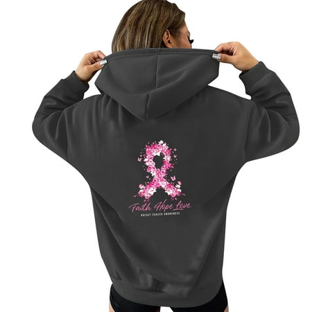 GWAABD Sweatshirt for Women Hoodies Pink Ribbon Print Cancer Awareness Pullover Casual Hooded Sweatshirt with Long Sleeves Pocket Tops Grey XL
