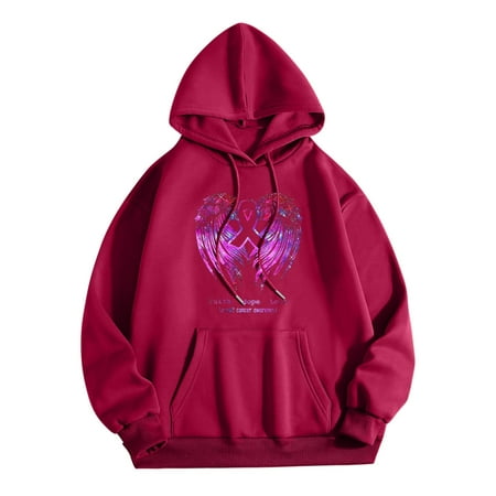 GWAABD Hoodie Sweatshirt Pink Ribbon Print Pullover Cancer Awareness Hoodie with Pocket Long Sleeve Tops Drawstring Hooded Sweatshirts Red L