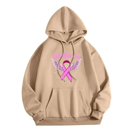 GWAABD Women Hooded Sweatshirt Pink Ribbon Print Pullover Cancer Awareness Hoodie with Pocket Long Sleeve Tops Drawstring Hooded Sweatshirts Khaki L