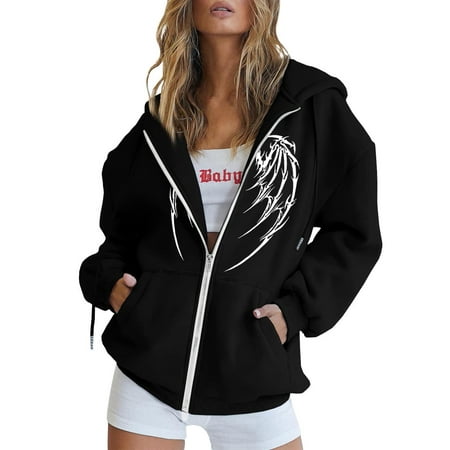 GWAABD Hoodie Sweatshirt Skeleton Wing Print Hoodie with Hooded Cardigan Pocket Zip up Casual Coat Sweatshirts Black XL
