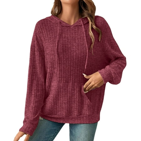 GWAABD Trendy Sweatshirts for Women Casual Long Sleeve Pit Strip Cable Knit Sweater Drop Shoulder Curved Hem Drawstring Hooded Hoodie Fashion Solid Co