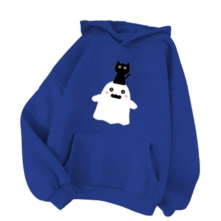 GWAABD Sweatshirt Women Ladies Loose Fit Pullover Front Pocket Casual Cute Cat Ghost Print Hoodie Oversized Drop Shoulder Sweatshirts Tops Blue XL