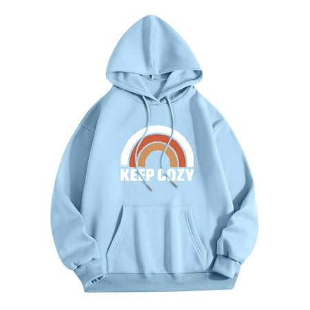 GWAABD Hoodie Sweatshirts for Women Plain Letters Pullover Loose Fit Drawstring Hooded Sweatshirts Long Sleeves with Pocket Drop Shoulder Sky Blue L