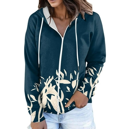GWAABD Women S Hoodies Floral Print Jacket Casual V Neck Zip up Hoodie Drawstring Hooded Tops Autumn Winter Sweatshirts Blue L