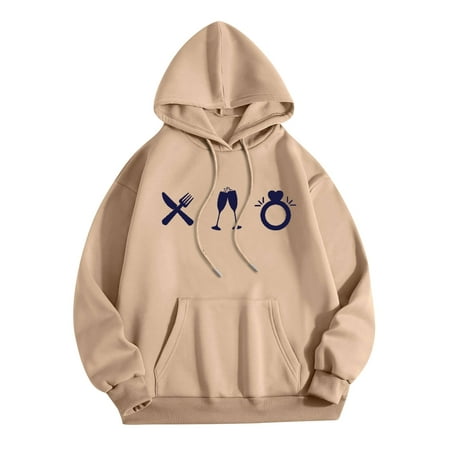 GWAABD Women Hoodies Print Casual Loose Pullovers Drawstring Hooded Sweatshirts Long Sleeves Hoodies with Pocket Drop Shoulder Blouse Khaki S