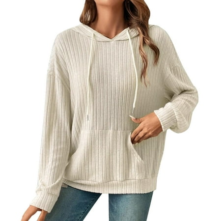 GWAABD Women Sweatshirts Casual Long Sleeve Solid Color Hoodie Drop Shoulder Curved Hem Pullover Drawstring Hooded Fashion Pit Strip Cable Knit Sweats