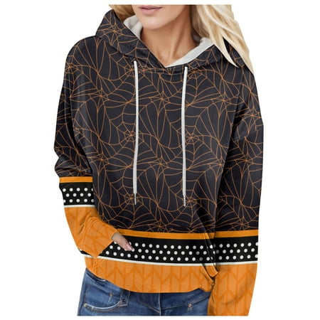 GWAABD Hooded Sweaters for Women Spider Web Print Pullover Loose Fit Long Sleeve Sweatshirts Drawstring Hooded Clothes with Pocket Black L