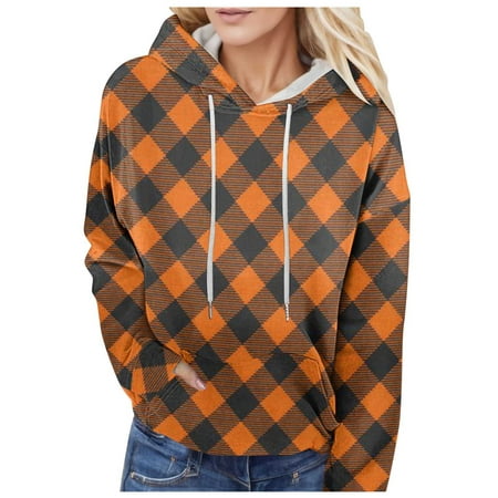 GWAABD Women Hooded Sweatshirt Plaid Print Pullover Loose Fit Long Sleeve Sweatshirts Drawstring Hooded Clothes with Pocket Orange S