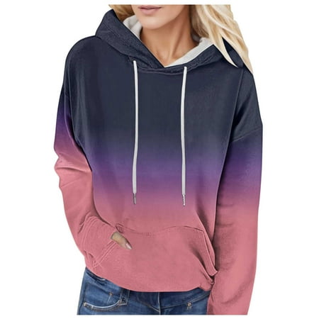 GWAABD Hooded Sweatshirt Gradient Print Loose Fit Hoodies Long Sleeve Drawstring Hooded Pullover Clothes with Pocket Sweatshirts Purple S