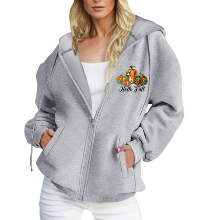GWAABD Women S Hoodie Zip up Pullover Pumpkin Heart Print Long Sleeve Fall Winter Sweatshirts Jacket with Pockets Grey M